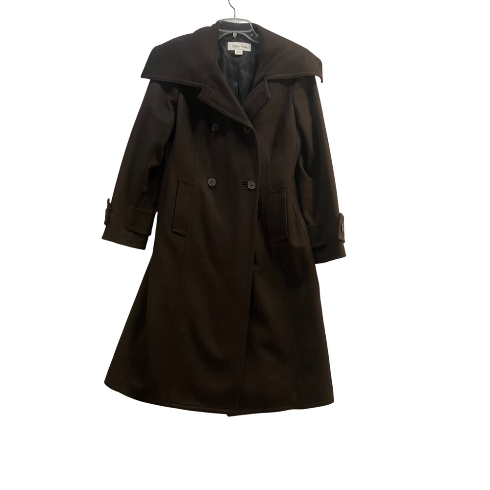 Calvin Klein Womens Brown Wool Cashmere Blend Portrait Collar Trench Coat Size 8